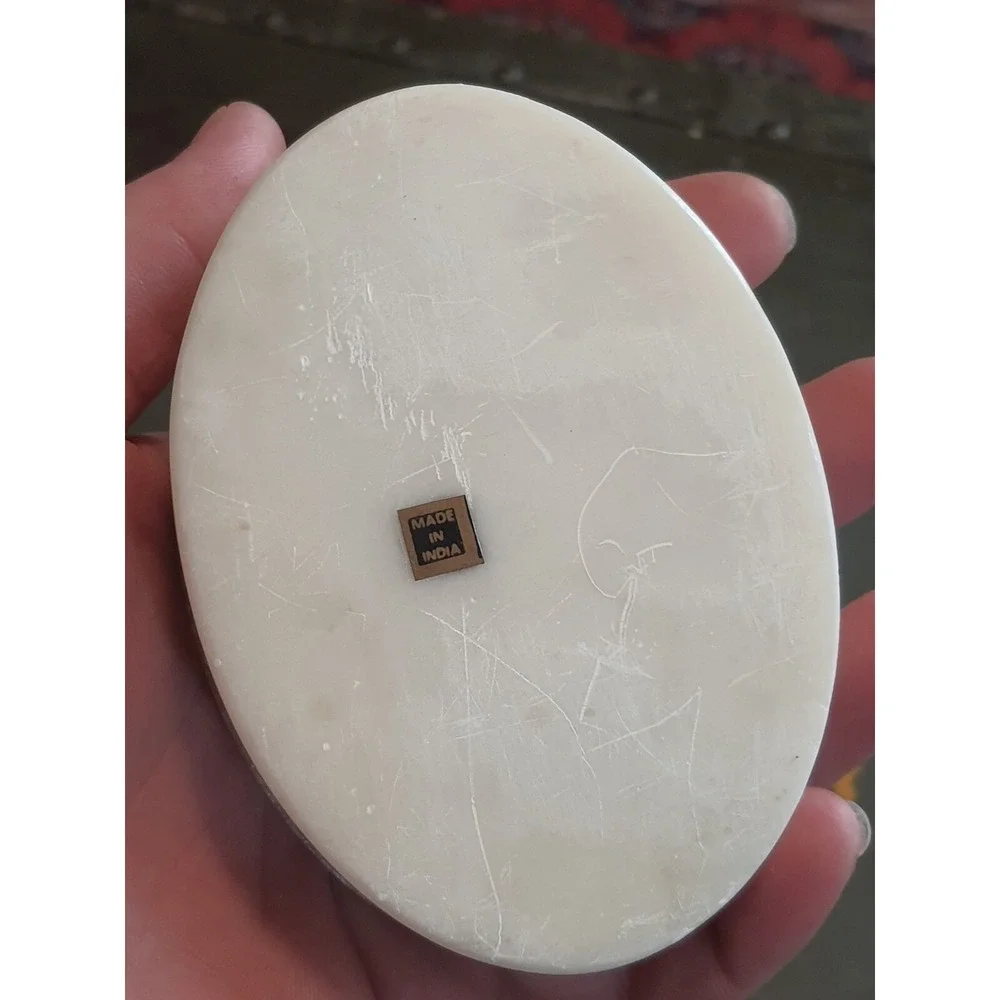 Vintage Oval Soapstone Trinket Box with Lid Made in India Floral Design 4